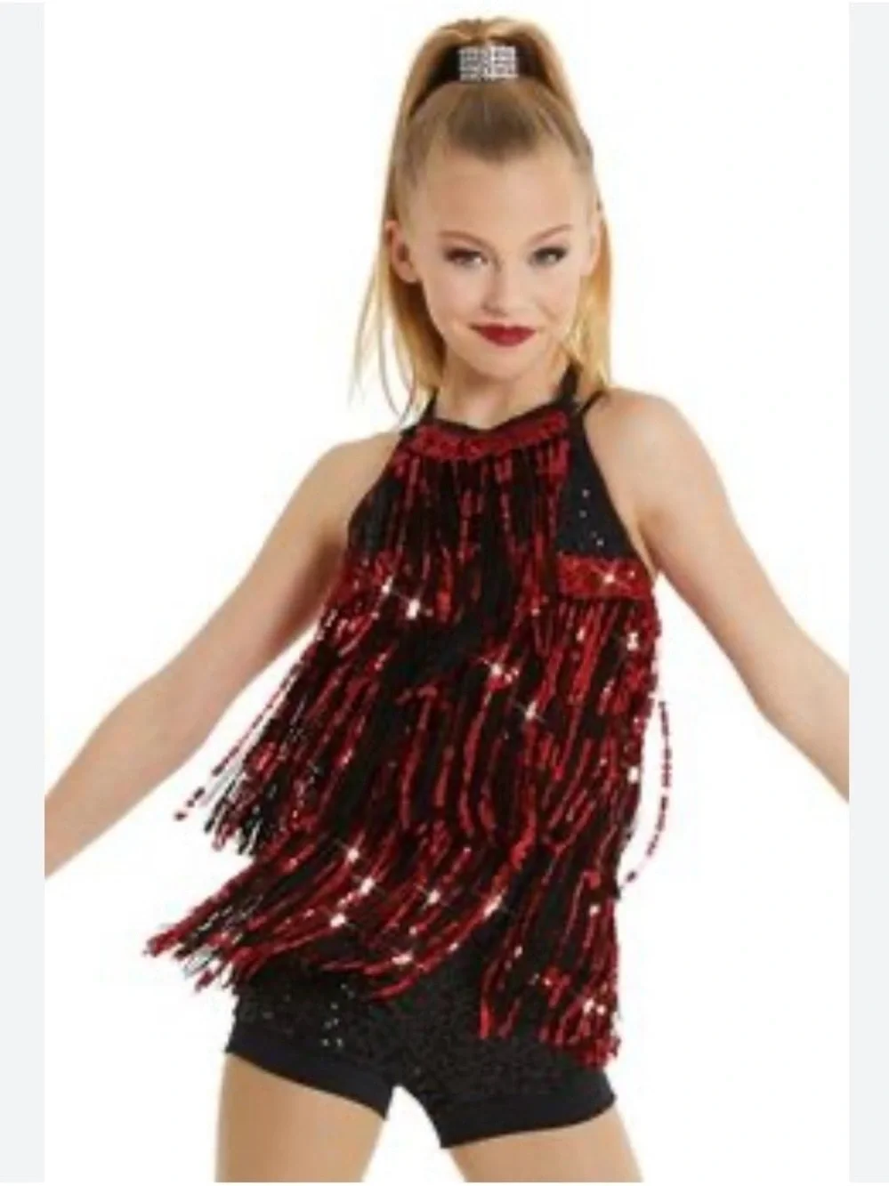 Weissman Child XL Sparkling Red Black Fringe Dance Costume Ballet
